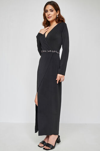 Black Long Length Flared Fit And Flare Gown, Black, image 4